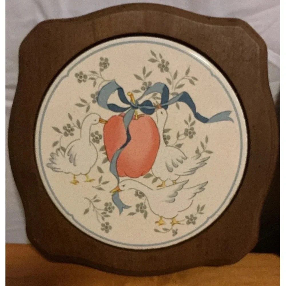 2 Vintage Marmalade Geese Ceramic and Wood Hot Plate Trivet Or Wall Hangings
